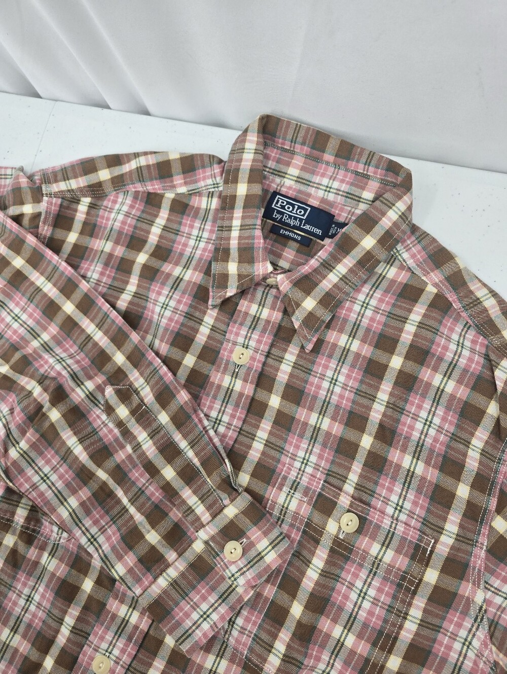 NWT Vintage Polo by Ralph Lauren Emmons Plaid Button Up Shirt Mens M Pink Brown.